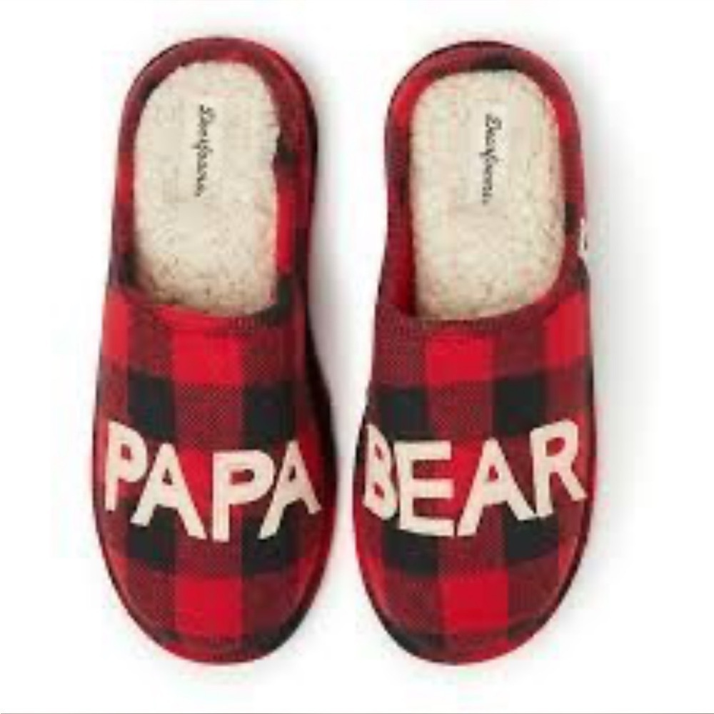 Dearfoams NEW Red Plaid Papa Bear Slippers, Men’s Sz 11-12